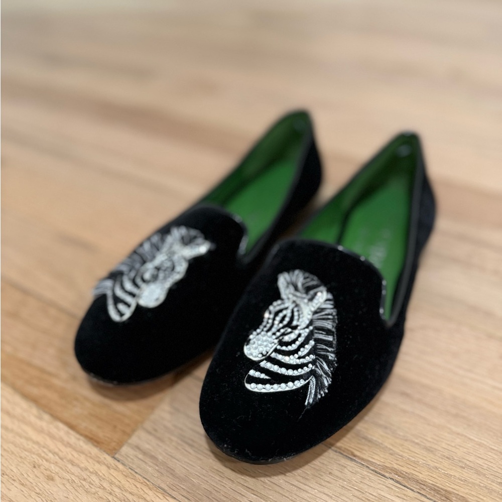 Kate Spade Black Velvet Loafers with Rhinestone Zebra Design